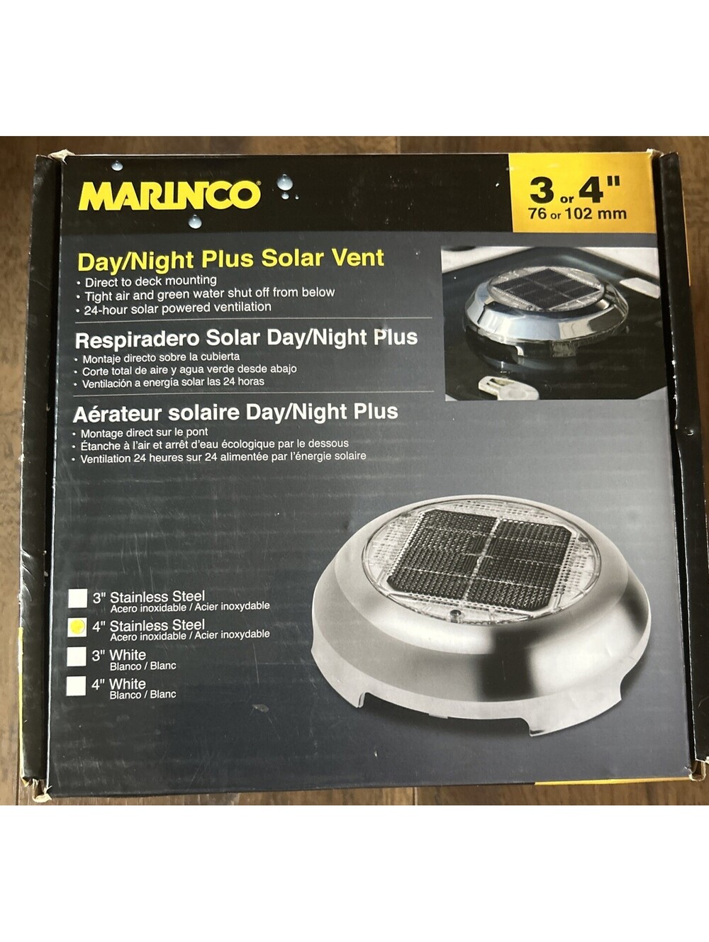 Marinco N20704S Day/Night Plus Solar Vent, 4" Stainless Steel Open Box